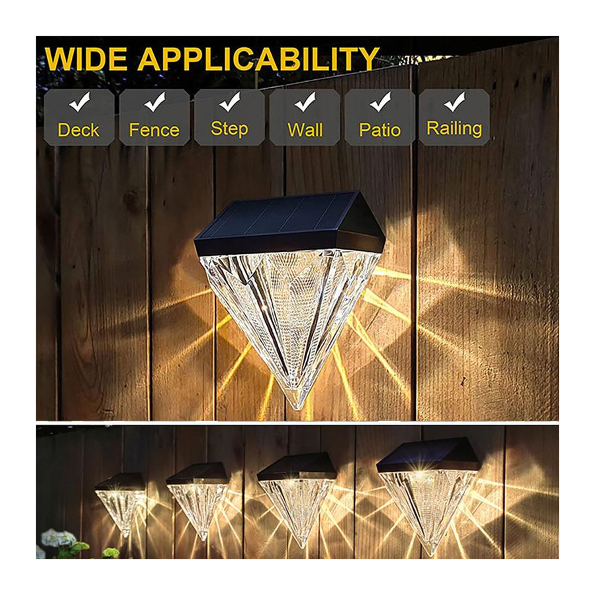 YWZT BEIMT Factory Solar Diamant Wandleuchte im 4er Set, Schwarz, LED Außenbeleuchtung IP66 wasserdicht für Garten und Balkon - Bild 2