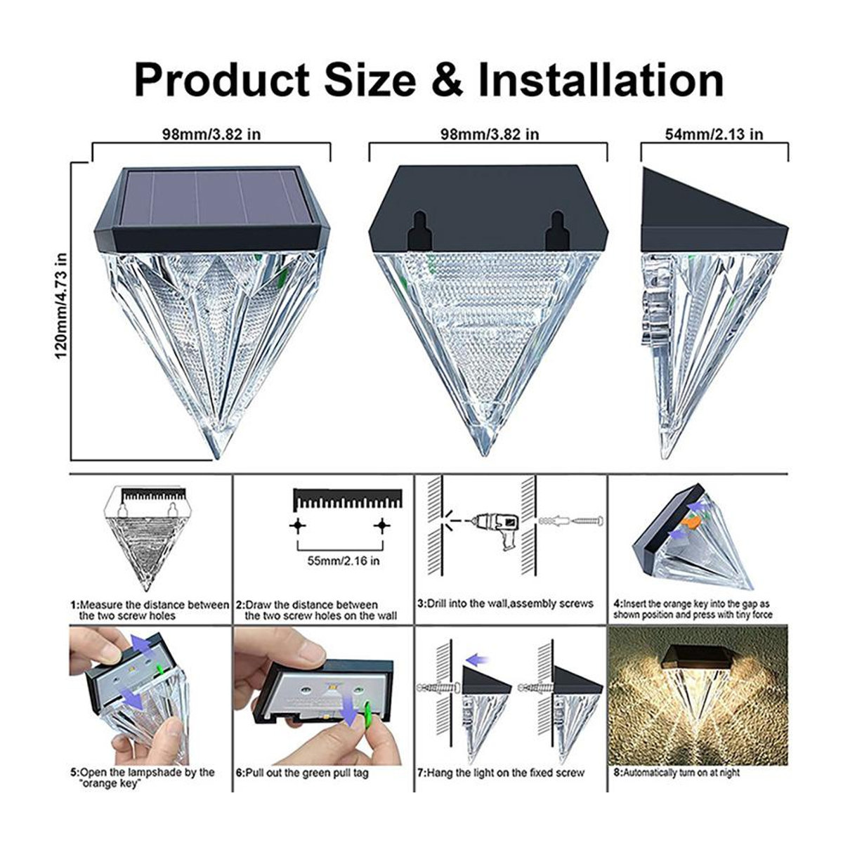 YWZT BEIMT Factory Solar Diamant Wandleuchte im 4er Set, Schwarz, LED Außenbeleuchtung IP66 wasserdicht für Garten und Balkon - Bild 9