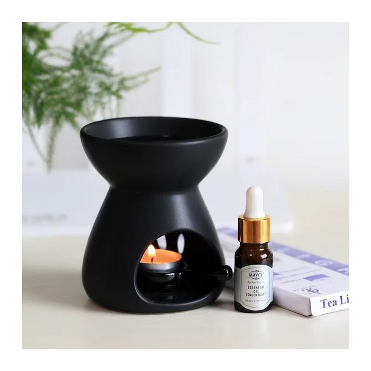 YXYMCF 2-in-1 Keramik Duftlampe für ätherische Öle und Teelichter, handgefertigter Weihrauchbrenner und Kerzenhalter für Yoga und Spa, rund, weiß oder schwarz - Bild 1