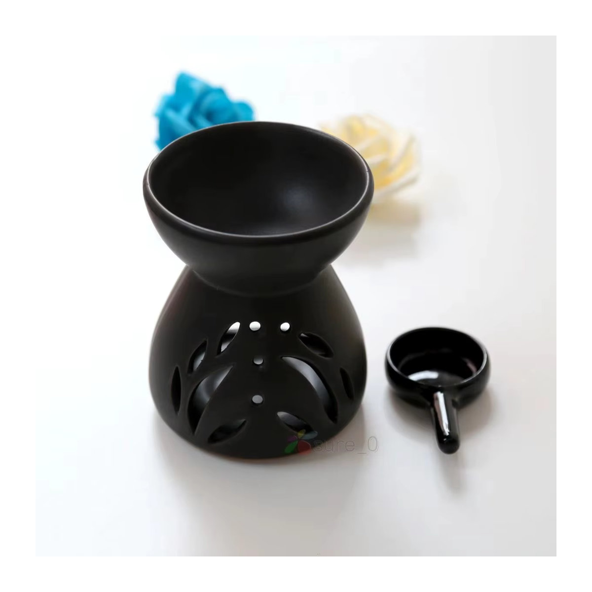YXYMCF 2-in-1 Keramik Duftlampe für ätherische Öle und Teelichter, handgefertigter Weihrauchbrenner und Kerzenhalter für Yoga und Spa, rund, weiß oder schwarz - Bild 2