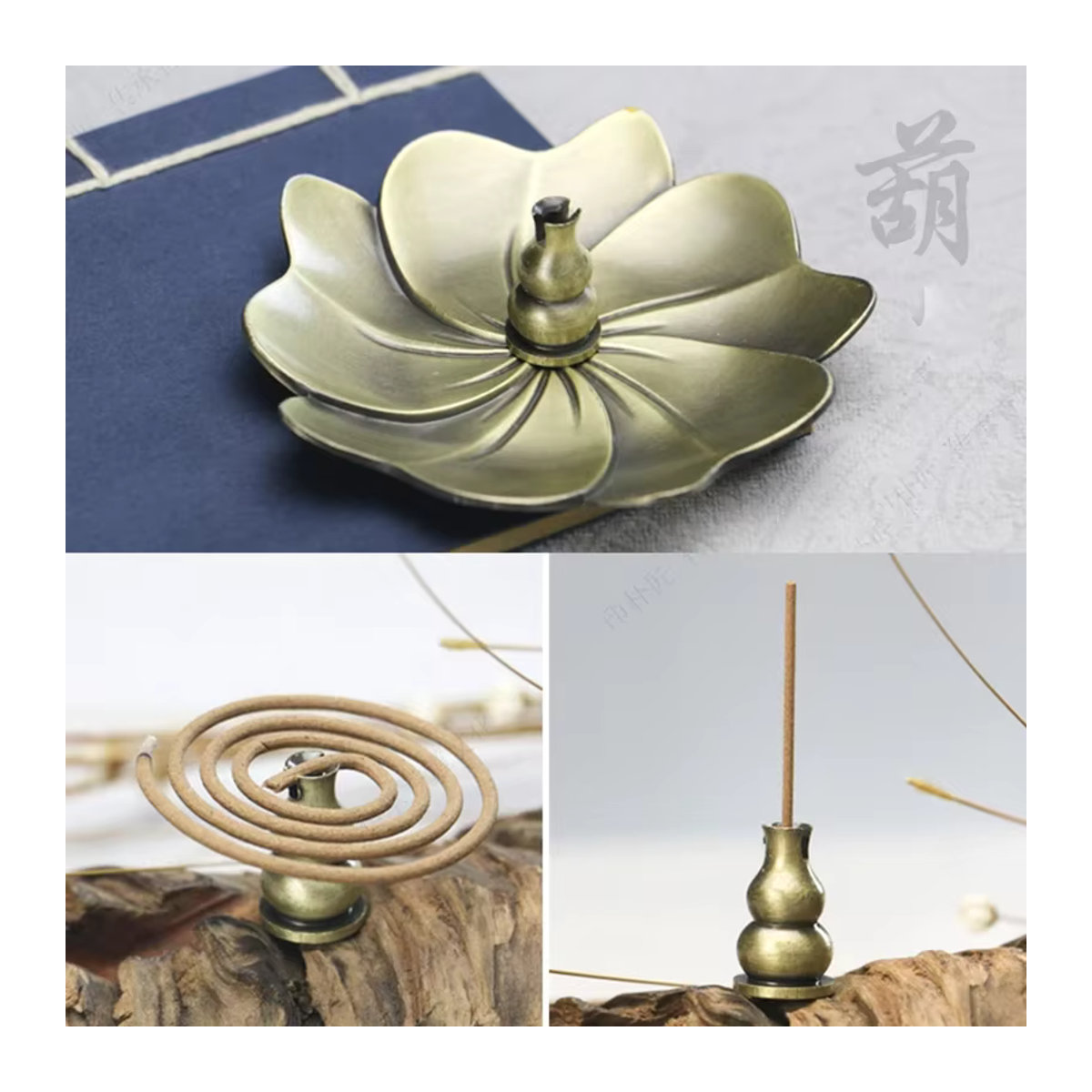 YXYMCF 2-in-1 Räuchergefäß-Set aus antiker Legierung und Sandelholz in Gold mit floralem Lotus-Halter für Spulenkegel-Räucherstäbchen - Bild 3