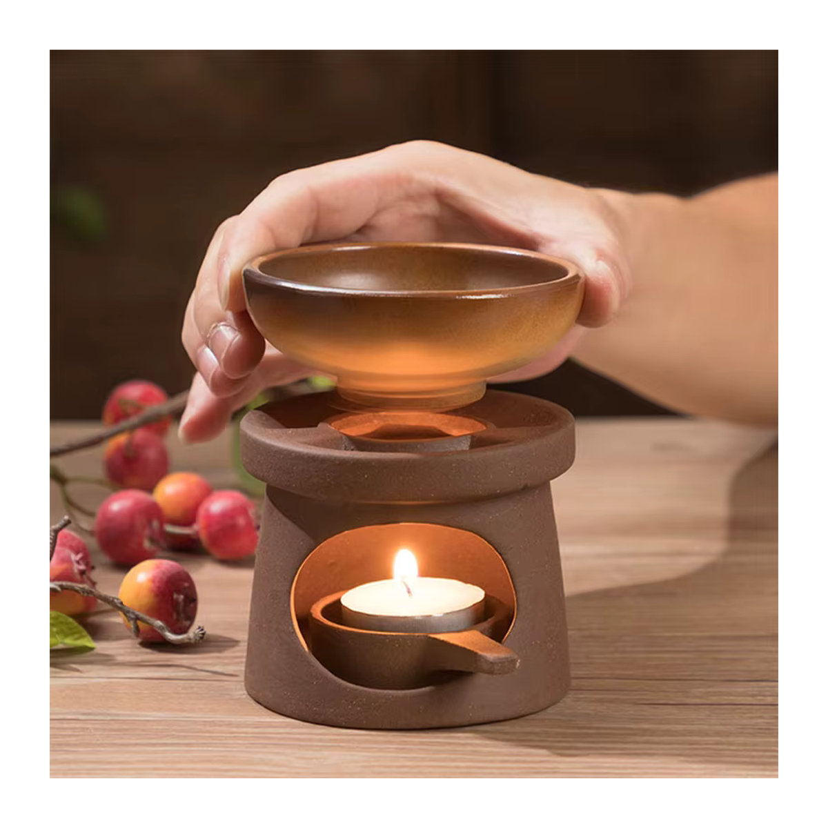 YXYMCF 3-in-1 Keramik Set in Braun als Kerzenheizung, Teewärmer und Diffusor mit japanischem Schilfrohr für ätherische Öle - Bild 2