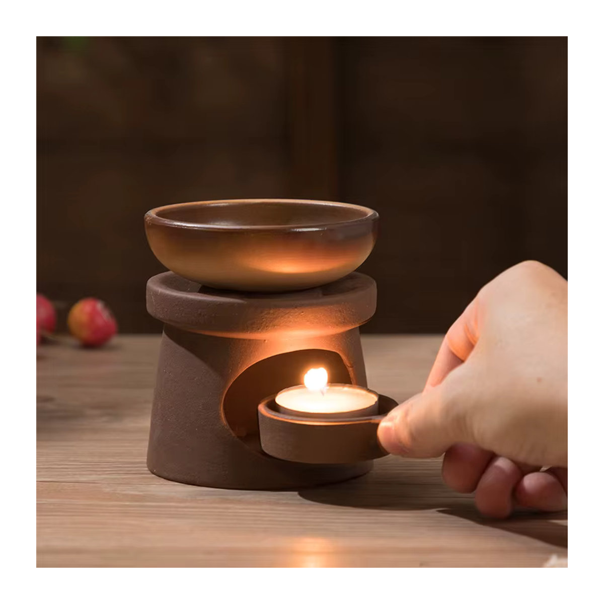YXYMCF 3-in-1 Keramik Set in Braun als Kerzenheizung, Teewärmer und Diffusor mit japanischem Schilfrohr für ätherische Öle - Bild 3