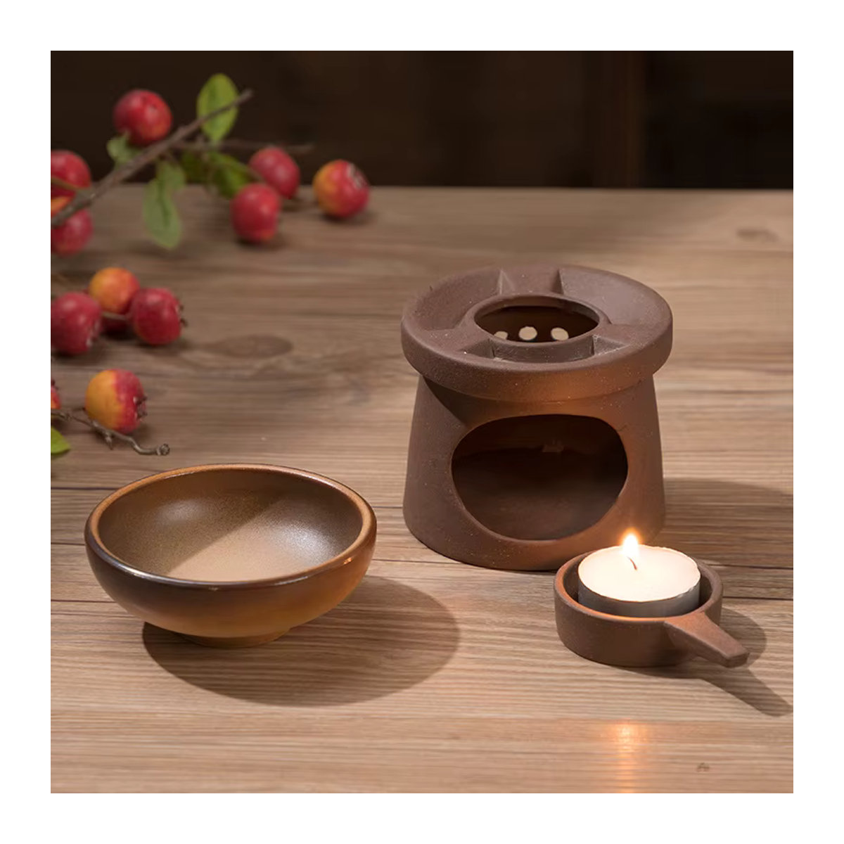 YXYMCF 3-in-1 Keramik Set in Braun als Kerzenheizung, Teewärmer und Diffusor mit japanischem Schilfrohr für ätherische Öle - Bild 5