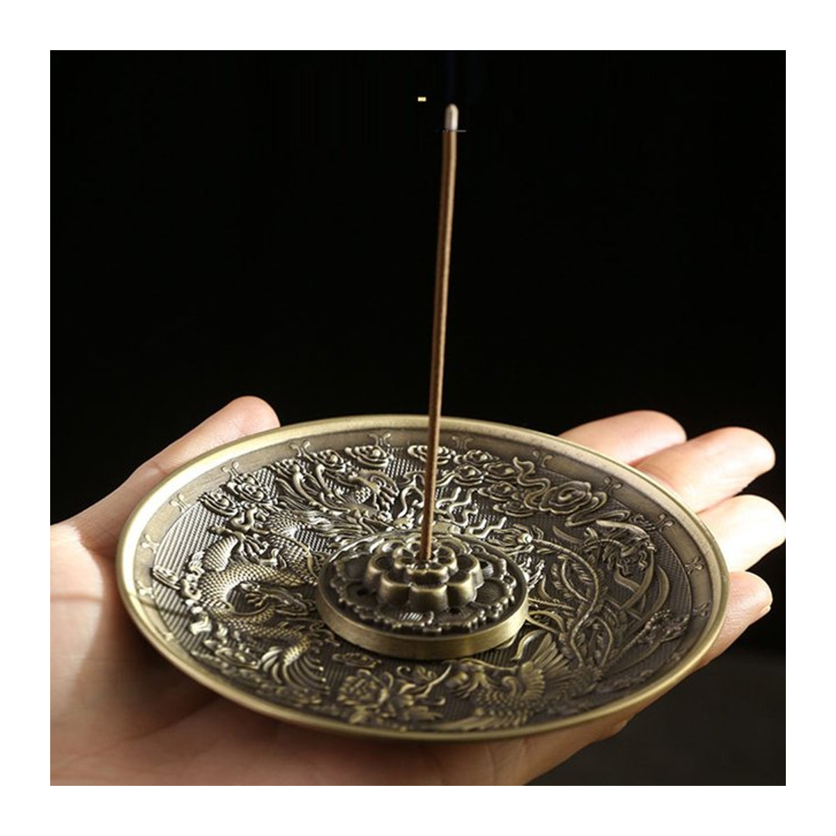 YXYMCF Drachen- und Phönix-Räuchergefäß aus Metall und Sandelholz in Gold, rundes orientalisch gestaltetes Räucherstäbchenhalter-Dekorationsstück mit Durchmesser: 10 cm - Bild 1