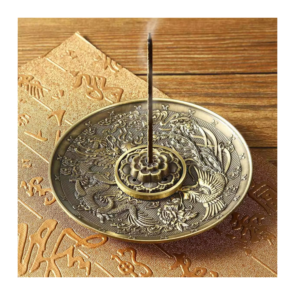YXYMCF Drachen- und Phönix-Räuchergefäß aus Metall und Sandelholz in Gold, rundes orientalisch gestaltetes Räucherstäbchenhalter-Dekorationsstück mit Durchmesser: 10 cm - Bild 3