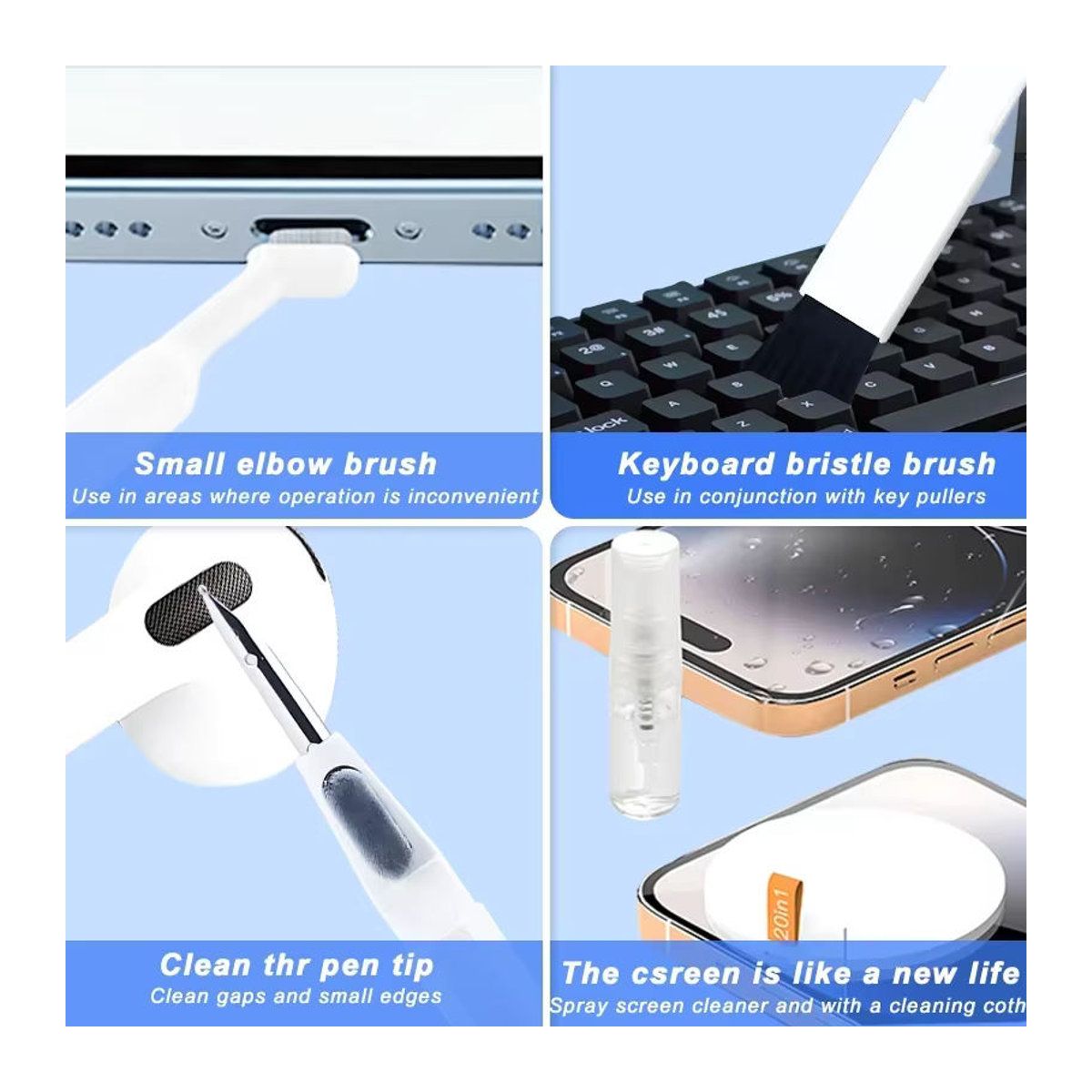YYLMONE 20-in-1 Reiniger-Kit für Kopfhörer, Bildschirme und Tastaturen in Weiß mit Reinigungsstift, Bürsten und Keycap Puller - Bild 4