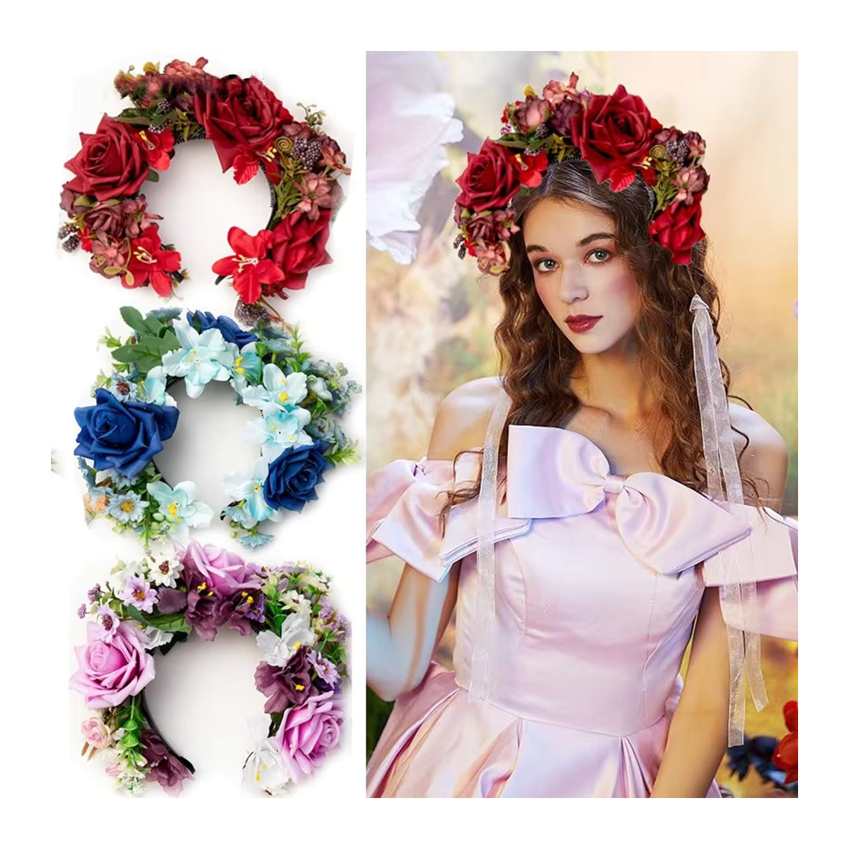 Zan Handgemachte Blumen-Girlande im Bohemian-Stil als florales Accessoire für Hochzeiten und Fotografie in Blau und Rot - Bild 4