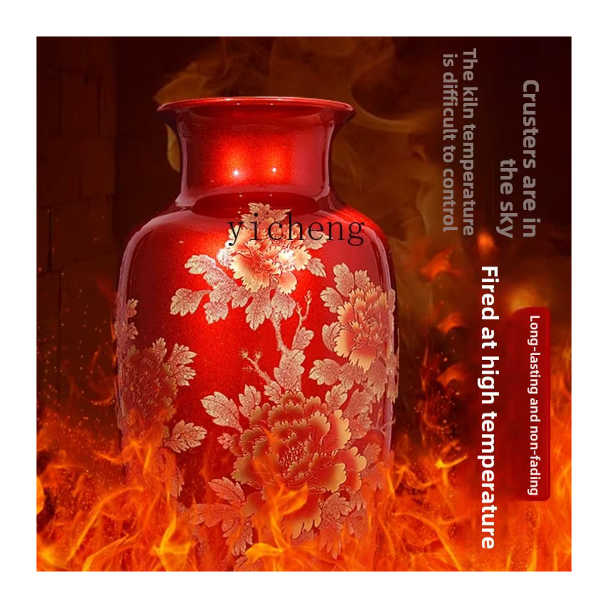 ZC Keramikvase mit roter Pfingstrose aus Porzellan für dein Blumenarrangement im chinesischen Stil - Bild 3