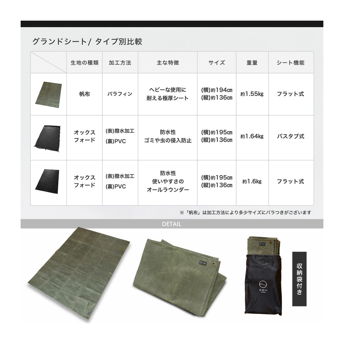 ZEN Zeltunterlage aus wasserabweisendem und wasserdichtem Paraffin-gewachstem Segeltuch in Olive, B/T: 194 x 136 cm - Bild 4