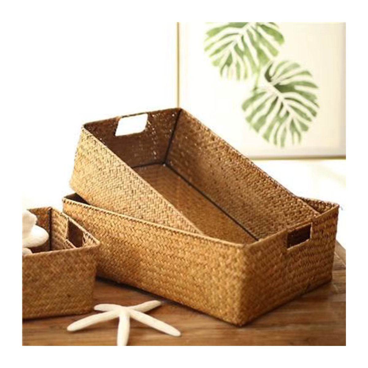 Zerolife Aufbewahrungskorb aus Seegras und Rattan in Braun, rechteckiger Weidenkorb im Bohemian-Stil für deine Dekoration oder Küche - Bild 3