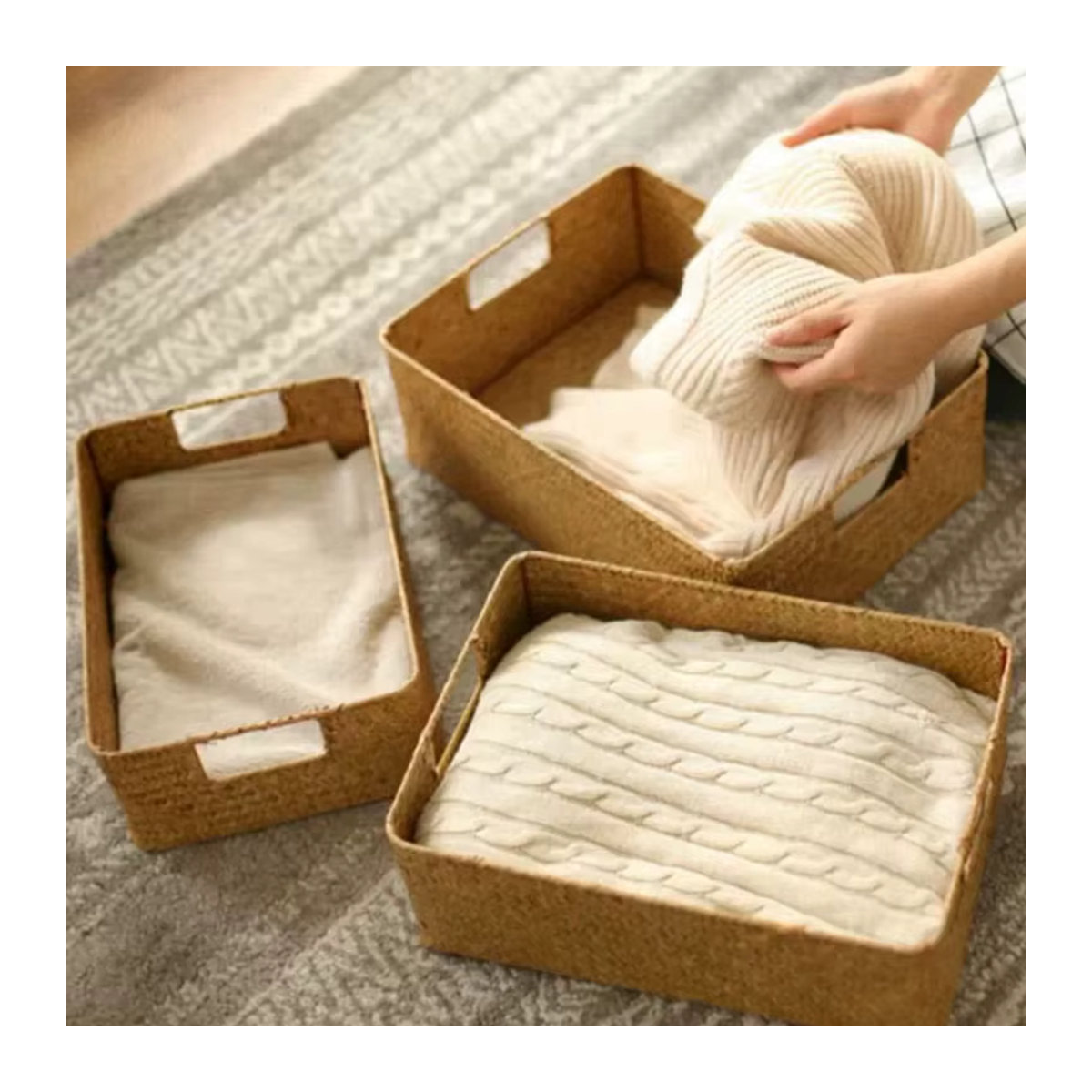 Zerolife Aufbewahrungskorb aus Seegras und Rattan in Braun, rechteckiger Weidenkorb im Bohemian-Stil für deine Dekoration oder Küche - Bild 4