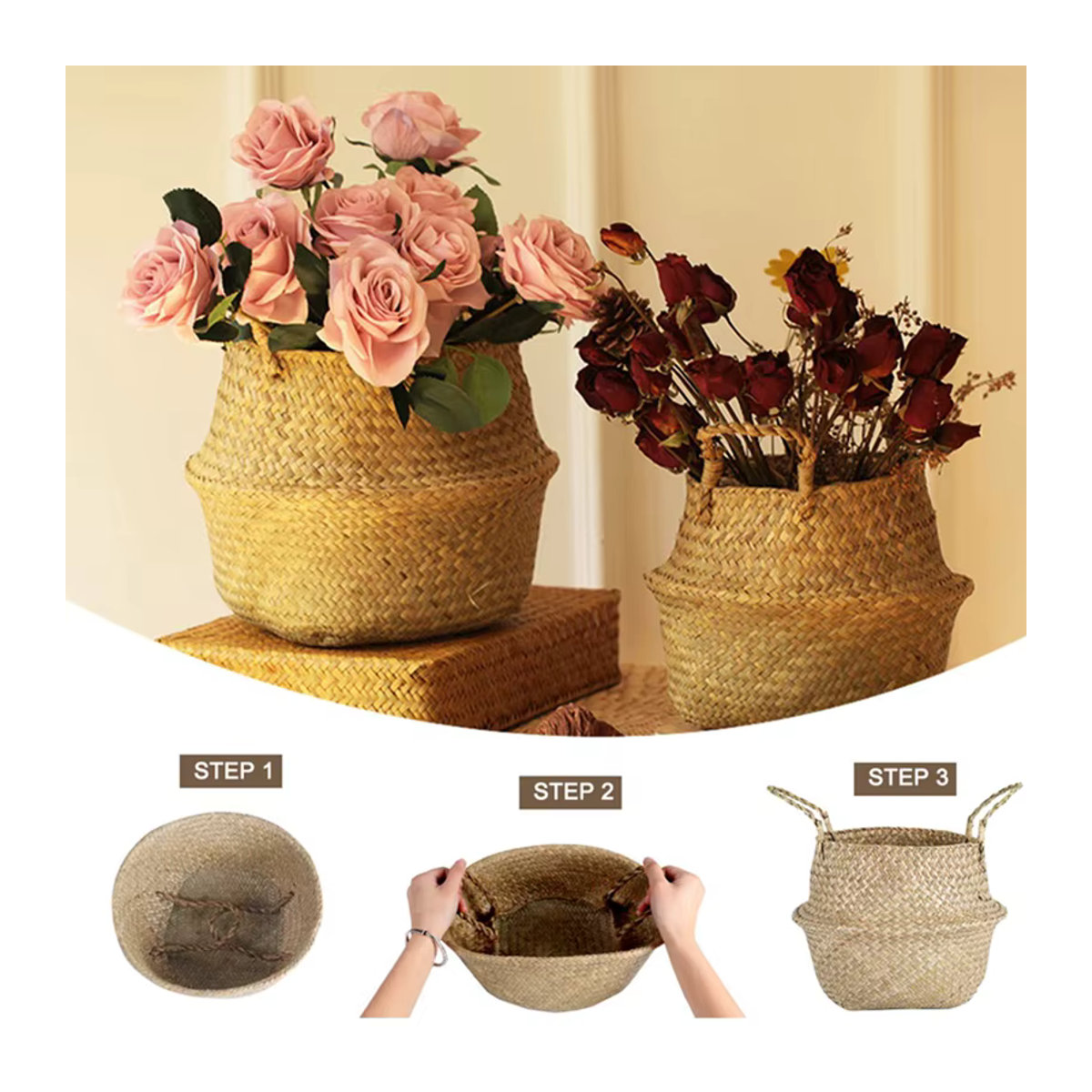 Zerolife Hängender Blumentopf aus Rattan in Braun als Aufbewahrungskorb im Bohemian-Stil - Bild 4