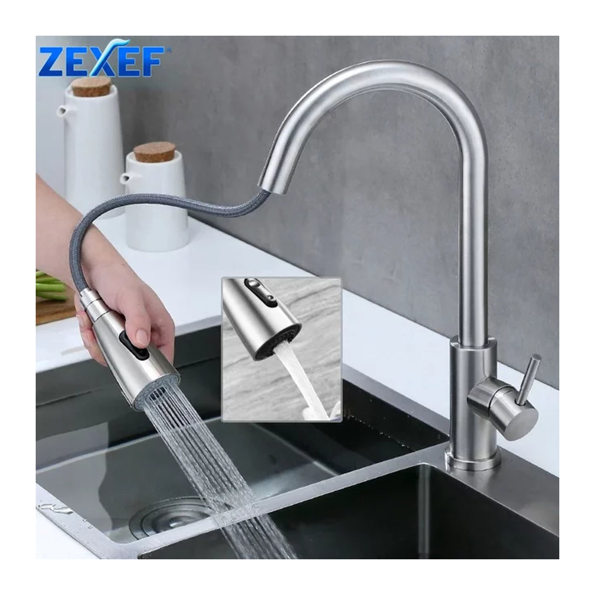 ZEXEF Gelenk-Wasserhahn aus Edelstahl 304 in Schwarz mit herausziehbarer Auslauf und 360-Grad-Drehung für die Einlochmontage an der Küchenspüle - Bild 1