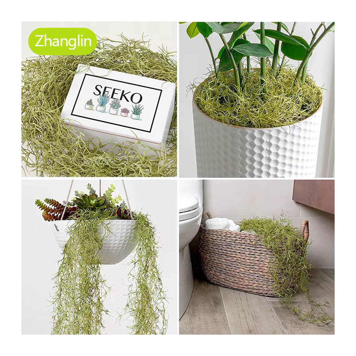 Zhanglin Künstliche Hängepflanze in Grün und Weiß mit Moos, Efeu, Farn und Reben, 85 cm Höhe - Bild 4