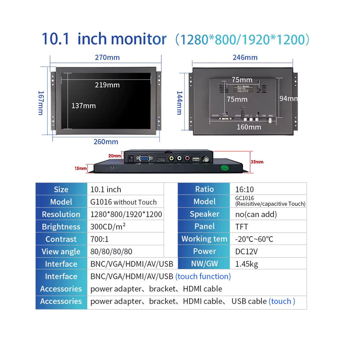 Zhixianda Open Frame Monitor 10,1 Zoll HD Industriedisplay in Schwarz mit VGA, BNC, AV und USB-Schnittstelle - Bild 4