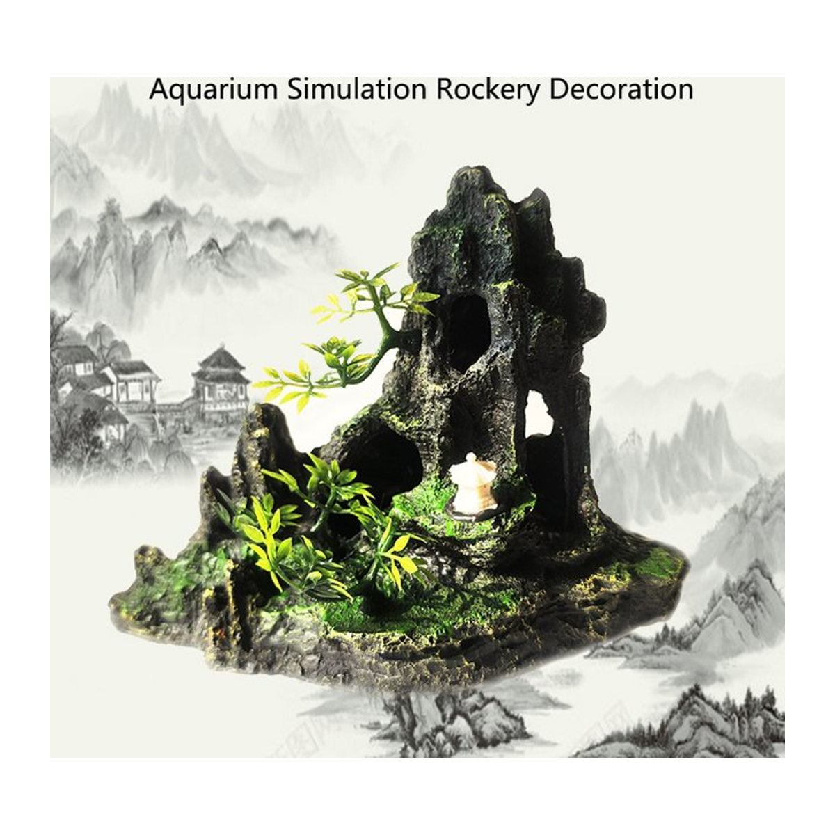 ZHIYANG Aquarium Dekoration aus Kunstharz in Schwarz als Steingarten Berg mit Höhle und Baum für dein Aquarium - Bild 1