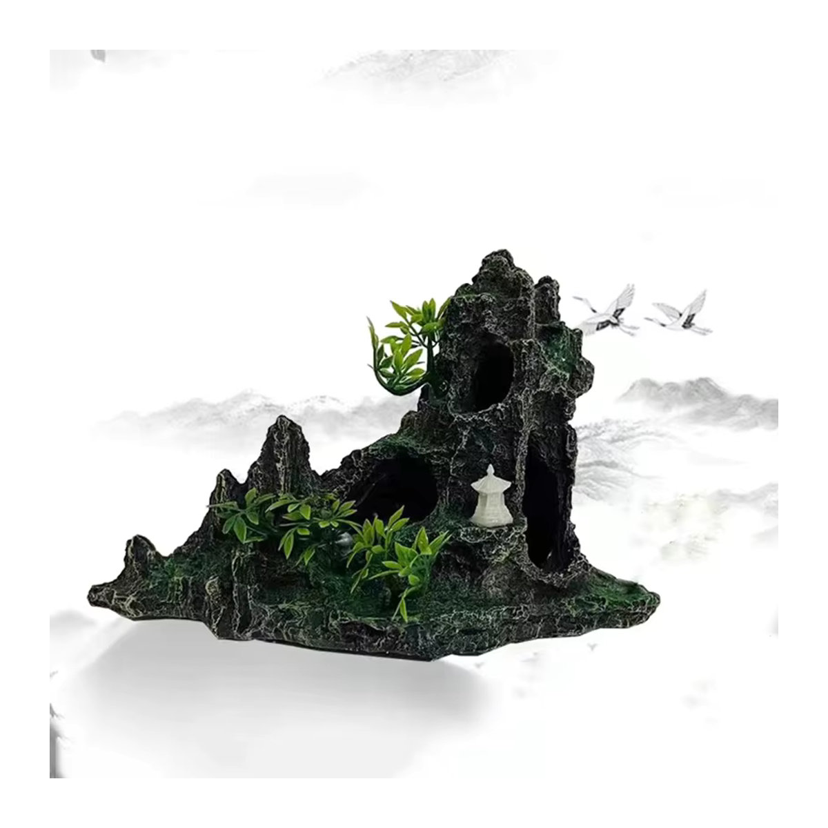 ZHIYANG Aquarium Dekoration aus Kunstharz in Schwarz als Steingarten Berg mit Höhle und Baum für dein Aquarium - Bild 2
