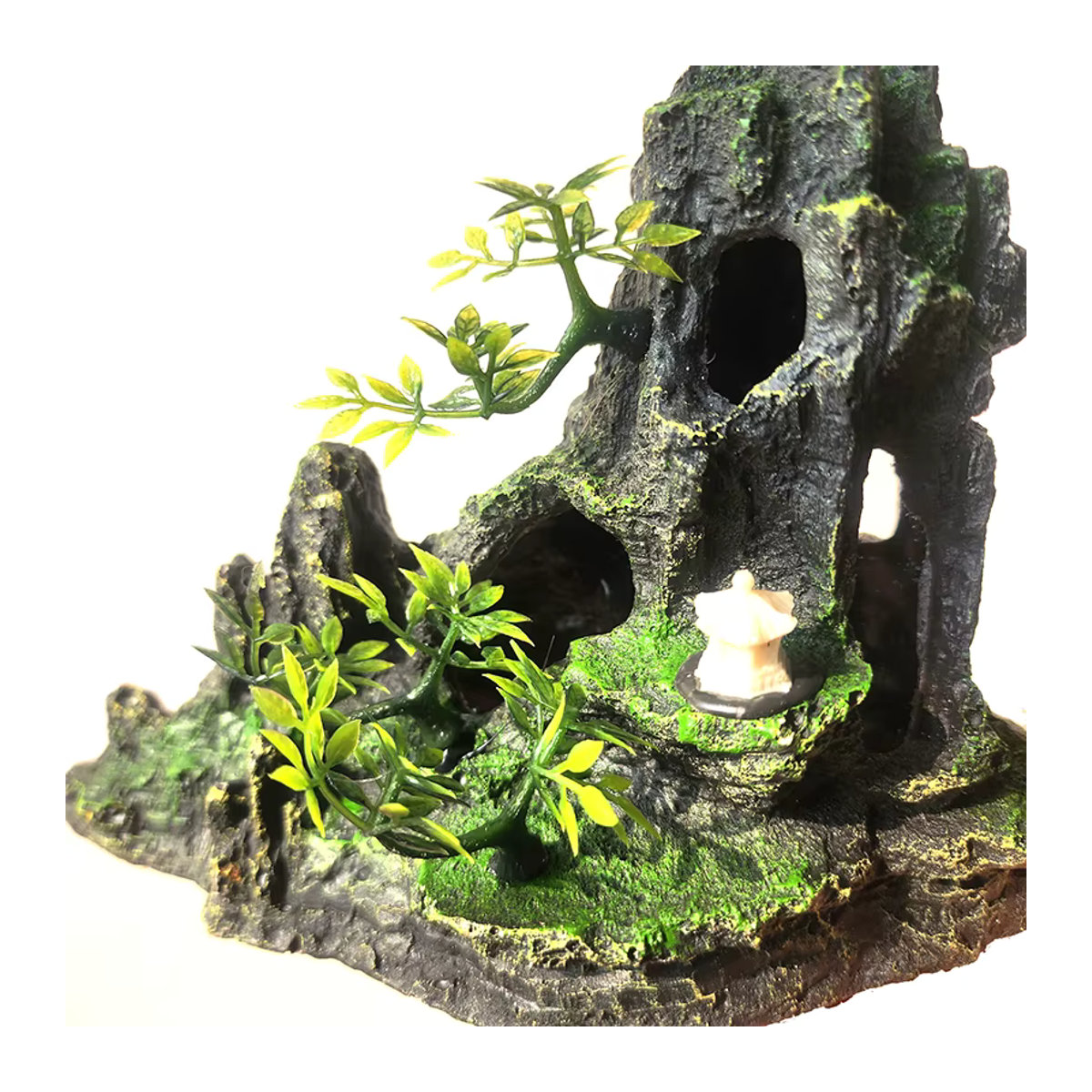 ZHIYANG Aquarium Dekoration aus Kunstharz in Schwarz als Steingarten Berg mit Höhle und Baum für dein Aquarium - Bild 3