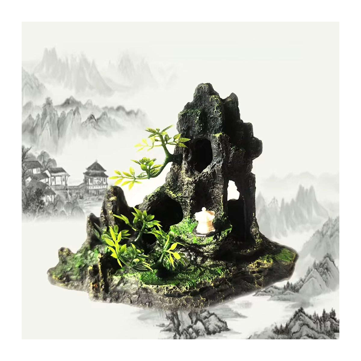 ZHIYANG Aquarium Dekoration aus Kunstharz in Schwarz als Steingarten Berg mit Höhle und Baum für dein Aquarium - Bild 6