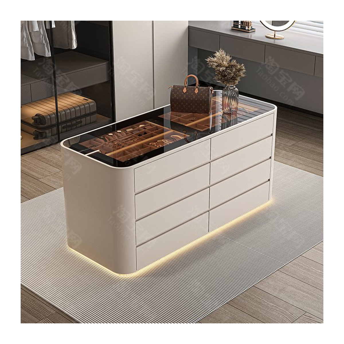 Zhongdao Tai Moderner Garderobenschrank aus Massivholz mit Glas und interner Beleuchtung in Weiß - Bild 1