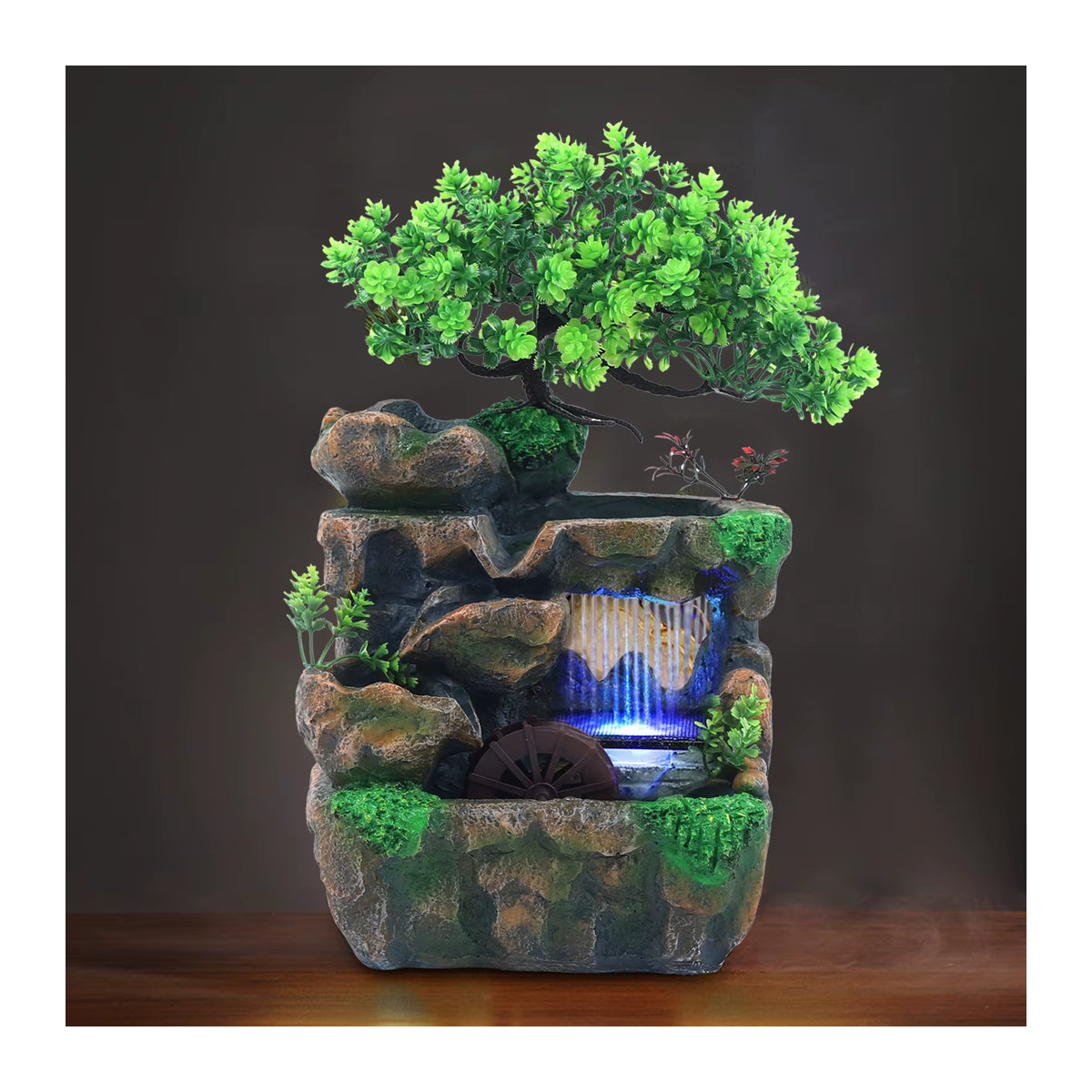 Zimmerbrunnen Wasserfall mit farbwechselnder LED-Beleuchtung in Grün für die Zen-Meditation und Desktop-Dekoration - Bild 3