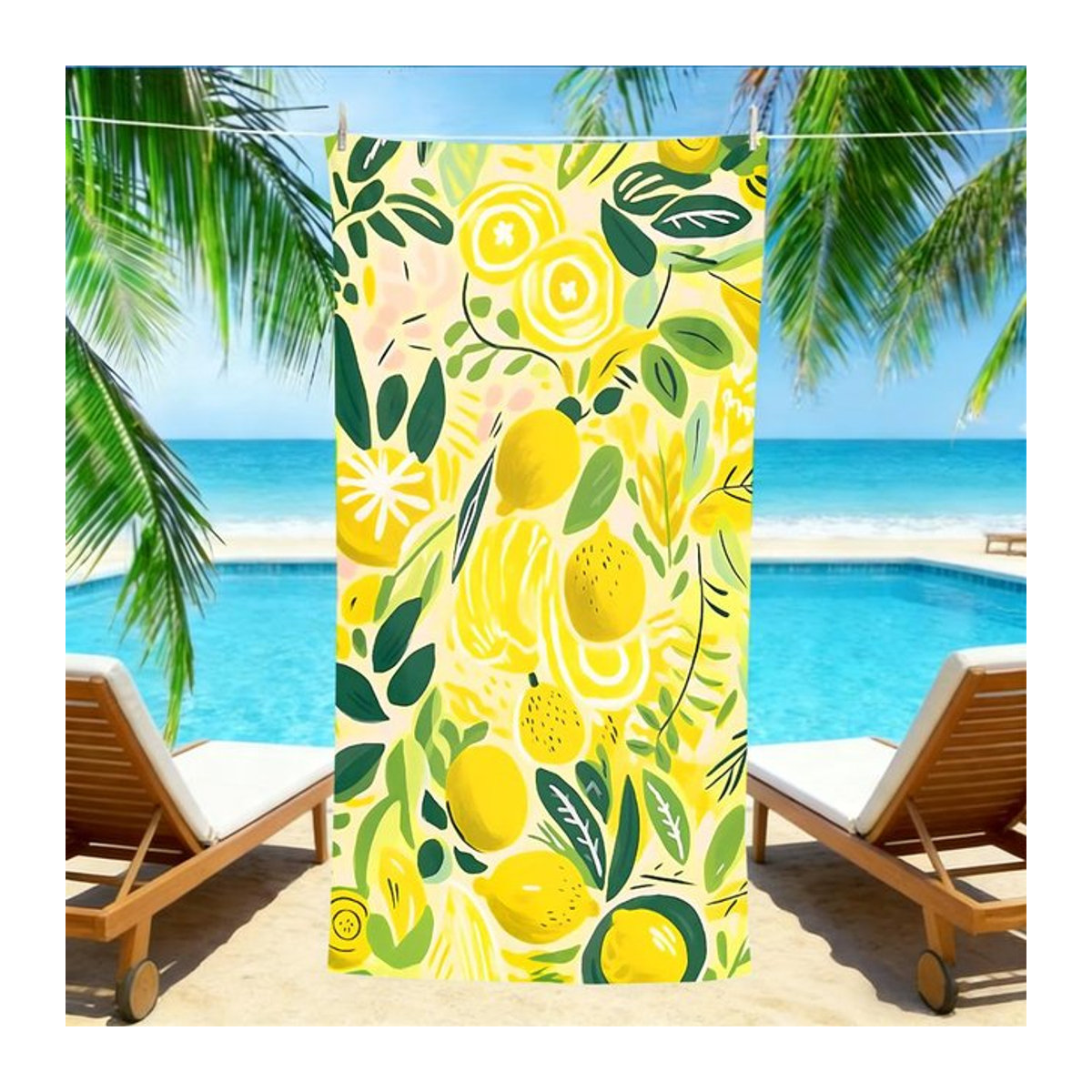 Zitronen-Illustration Strandtuch mit tropischem Blattdruck, schnelltrocknend und sandfrei, Breite: 30 cm, Höhe: 60 cm - Bild 1