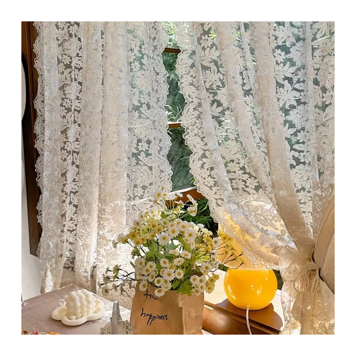 ZJBYZHOUSEHOLD Paar Sheer Vorhang mit Blumenstickerei im französischen Retro-Stil, Spitze, Creme Beige - Bild 1