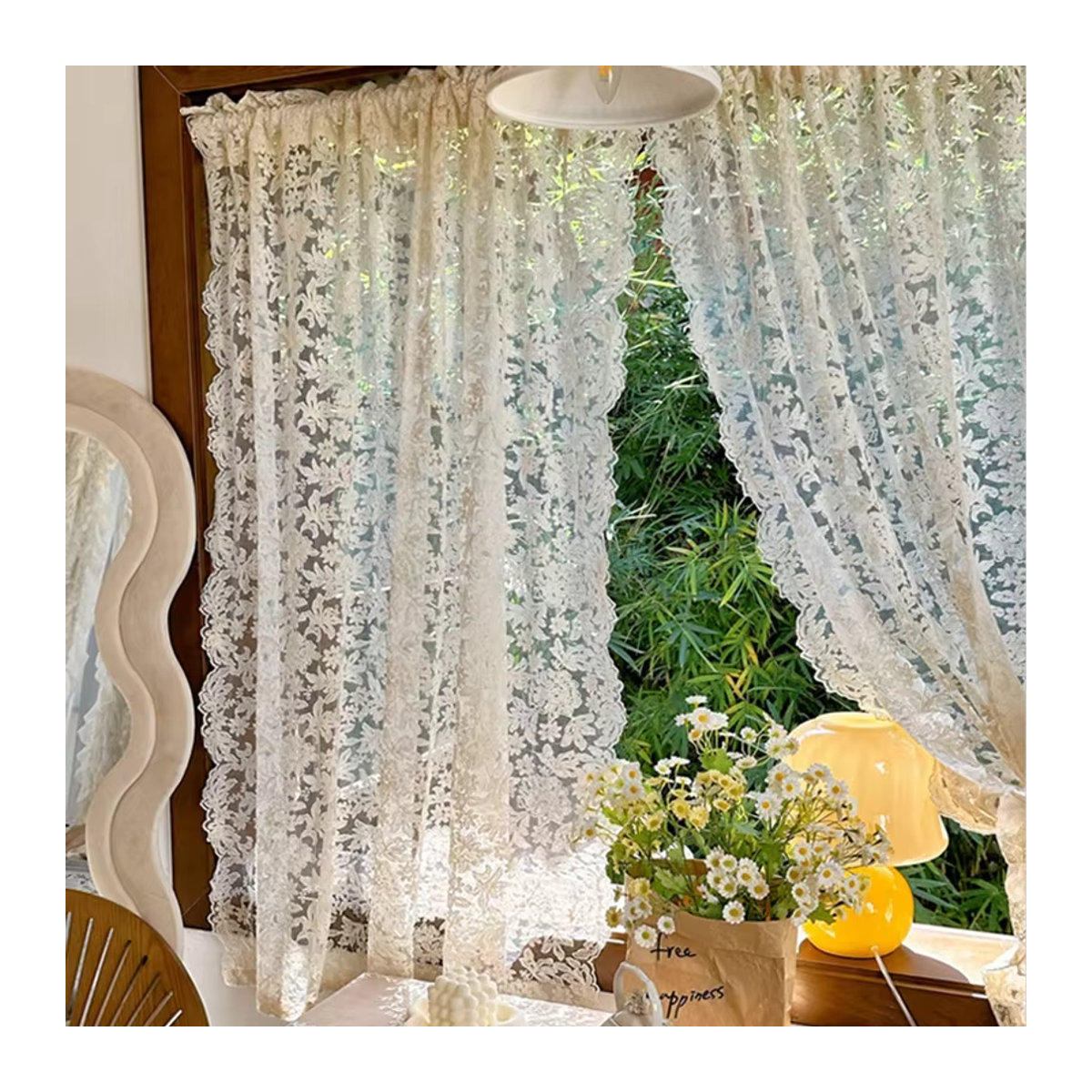 ZJBYZHOUSEHOLD Paar Sheer Vorhang mit Blumenstickerei im französischen Retro-Stil, Spitze, Creme Beige - Bild 2