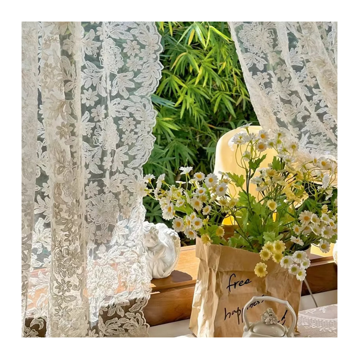 ZJBYZHOUSEHOLD Paar Sheer Vorhang mit Blumenstickerei im französischen Retro-Stil, Spitze, Creme Beige - Bild 4