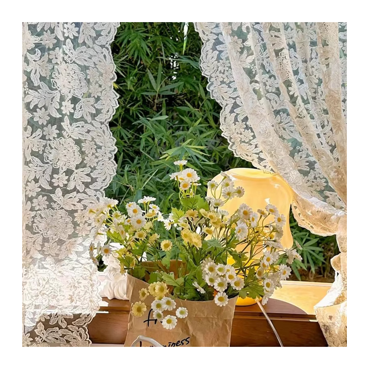 ZJBYZHOUSEHOLD Paar Sheer Vorhang mit Blumenstickerei im französischen Retro-Stil, Spitze, Creme Beige - Bild 5