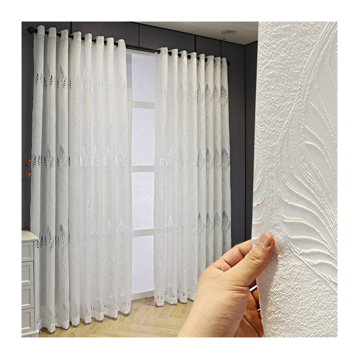 ZJBYZHOUSEHOLD Transparente Gaze-Vorhänge im europäischen Stil mit Blattmuster für Wohnzimmer und Schlafzimmer in Grau und Weiß - Bild 1