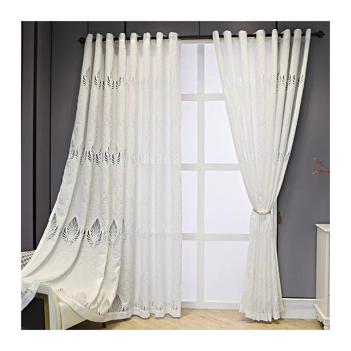ZJBYZHOUSEHOLD Transparente Gaze-Vorhänge im europäischen Stil mit Blattmuster für Wohnzimmer und Schlafzimmer in Grau und Weiß - Bild 2