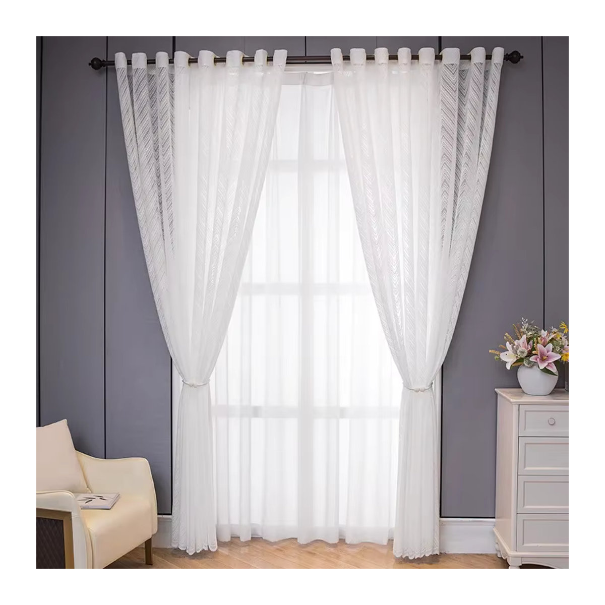 ZJBYZHOUSEHOLD Transparente Voile-Vorhänge mit Streifenmuster in Weiß für Wohnzimmer Schlafzimmer und Balkon - Bild 3