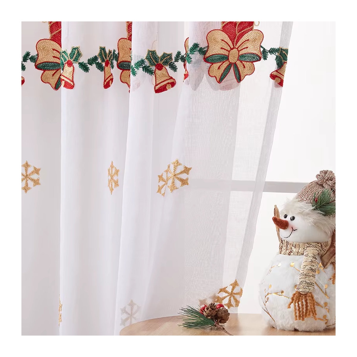 ZJBYZHOUSEHOLD Weihnachtsvorhänge mit Schneeflocken-Stickerei in Weiß, dekorative transparente Vorhänge für Wohnzimmer und Schlafzimmer - Bild 3