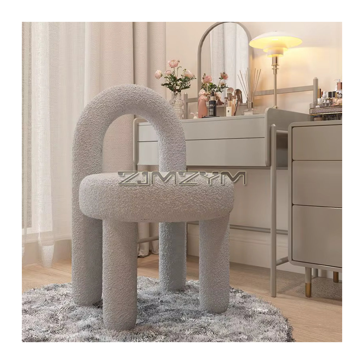 ZJMZYM Polsterhocker als runder Schminkhocker und Fußstütze mit Rückenlehne aus Kunstfell in Rosa, Beige oder Weiß - Bild 2