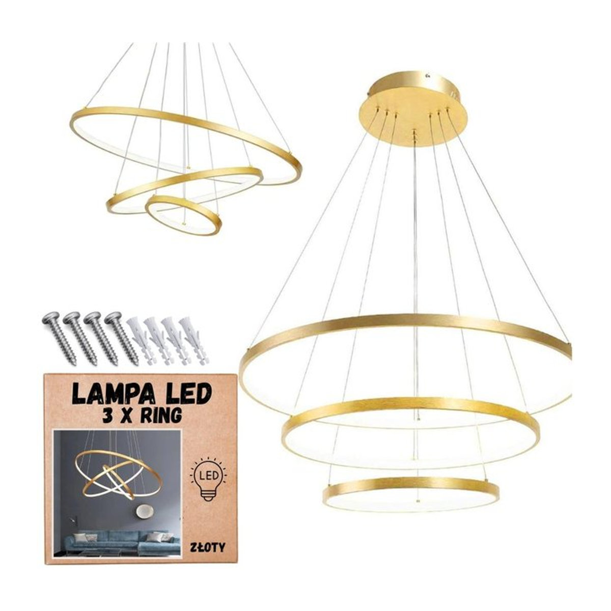ZOLTA LED-Kronleuchter mit 3 Ringen in Goldfarben, 76W, neutrales Licht, verstellbar - Bild 1