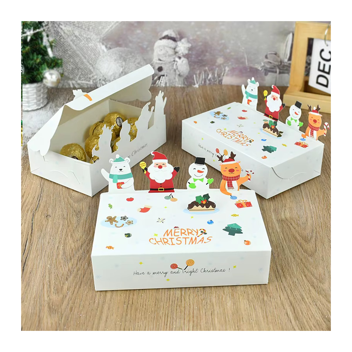 ZQCXLD Rechteckige Pralinenschachtel aus Papier in Weiß mit Weihnachts-Motiven für Schokolade und Geschenke - Bild 2