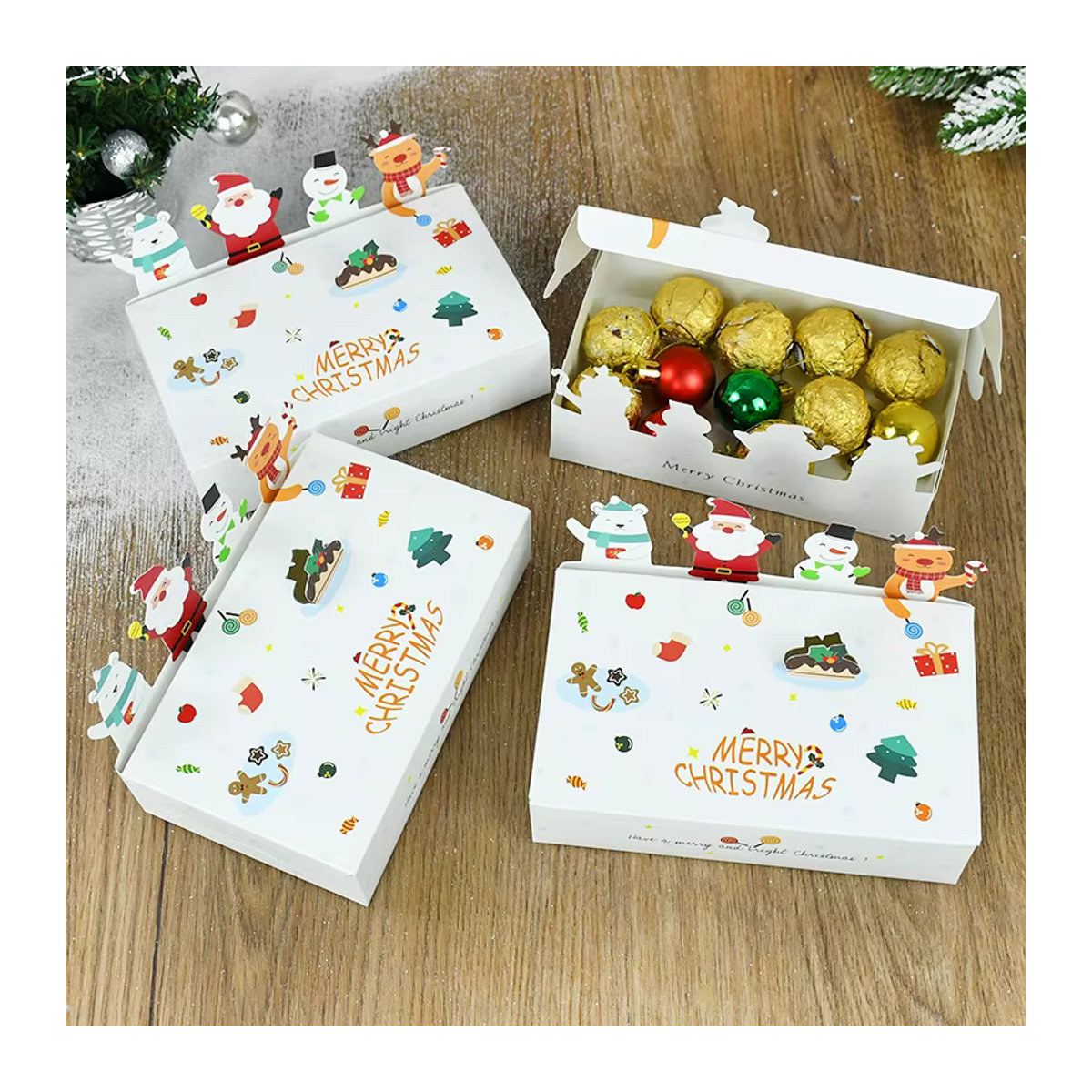 ZQCXLD Rechteckige Pralinenschachtel aus Papier in Weiß mit Weihnachts-Motiven für Schokolade und Geschenke - Bild 5