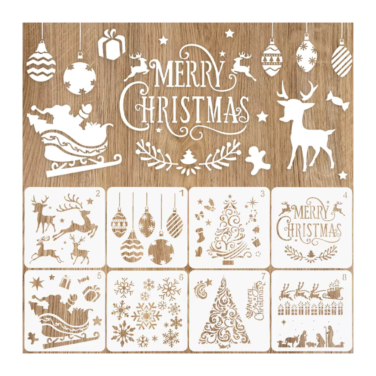 ZQNYCY 8er Set Weihnachtsschablonen aus Kunststoff für DIY Bastelarbeiten und Wandgestaltung in Weiß - Bild 2
