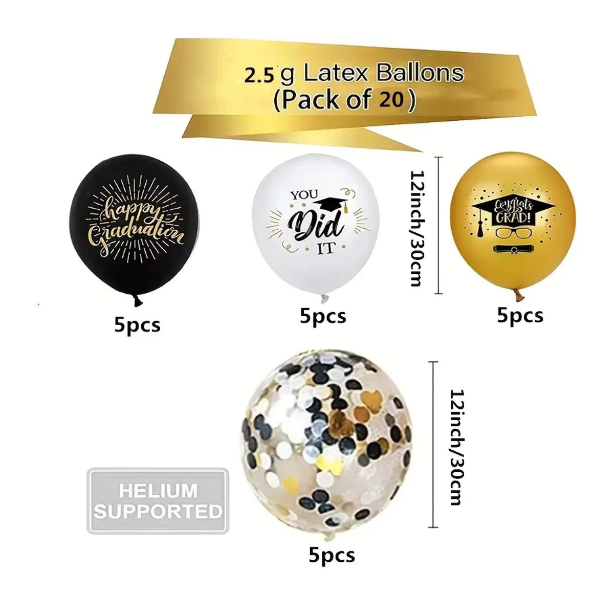 ZQNYCY Abschlussballons Set in Schwarz und Gold mit Konfetti für deine Graduation Party, 20 Stück aus Latex - Bild 2