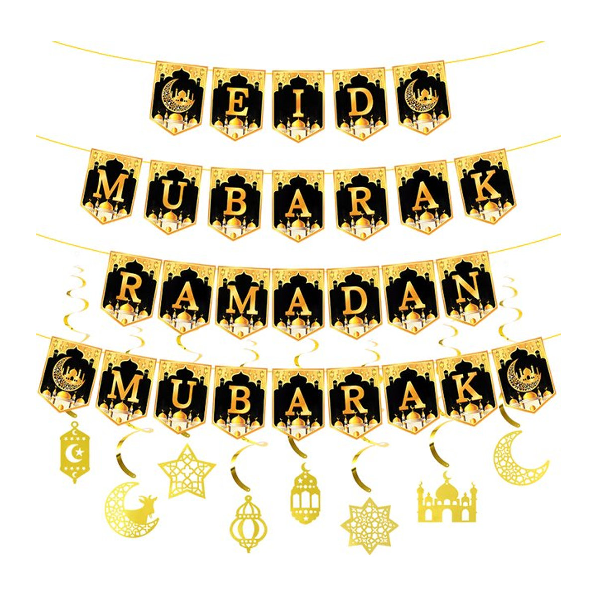ZQNYCY Eid Mubarak Papier Banner Girlande in Schwarz als Ramadan und Islamisches Fest Dekorationsset mit Mond und Buchstaben - Bild 1