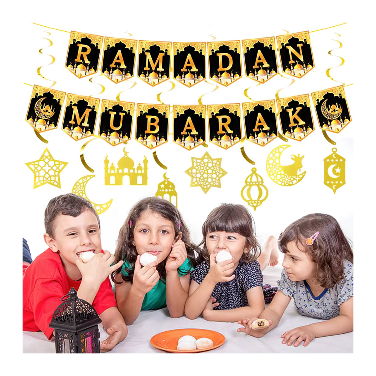 ZQNYCY Eid Mubarak Papier Banner Girlande in Schwarz als Ramadan und Islamisches Fest Dekorationsset mit Mond und Buchstaben - Bild 2