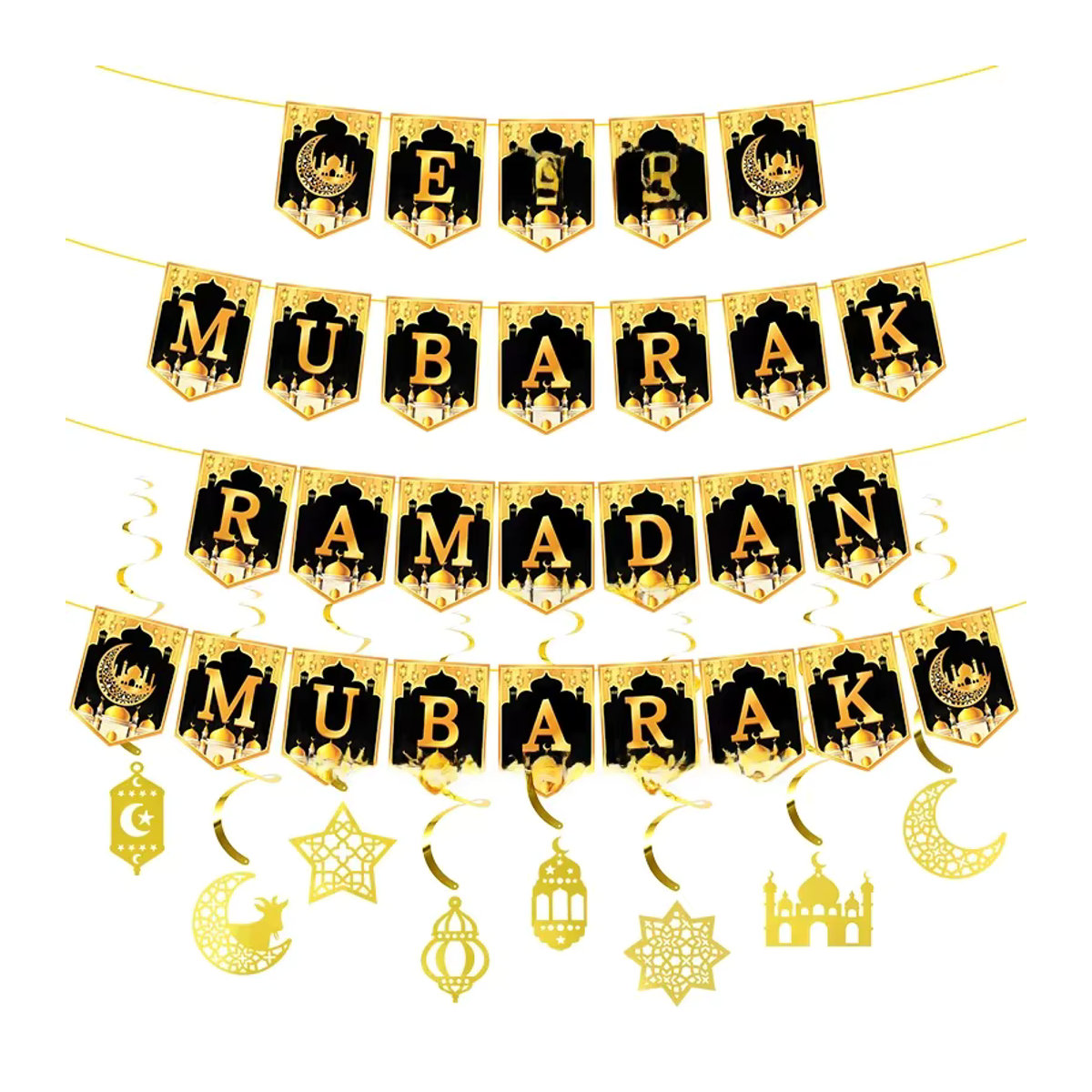 ZQNYCY Eid Mubarak Papier Banner Girlande in Schwarz als Ramadan und Islamisches Fest Dekorationsset mit Mond und Buchstaben - Bild 5