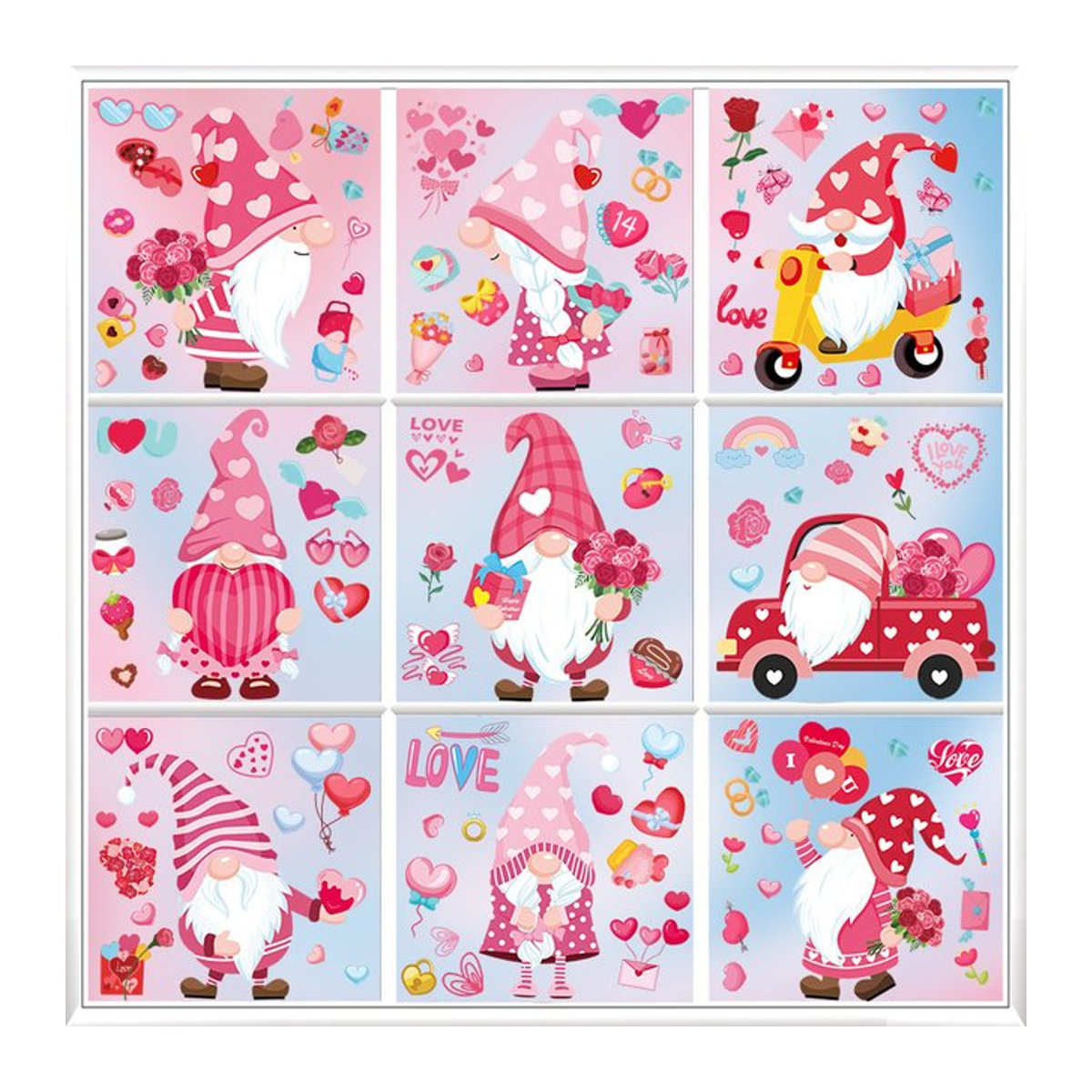 ZQNYCY Fensteraufkleber Set für Valentinstag und Hochzeit mit Cartoon-Zwerg und Herzmotiven, 9 Blatt, mehrfarbig - Bild 1