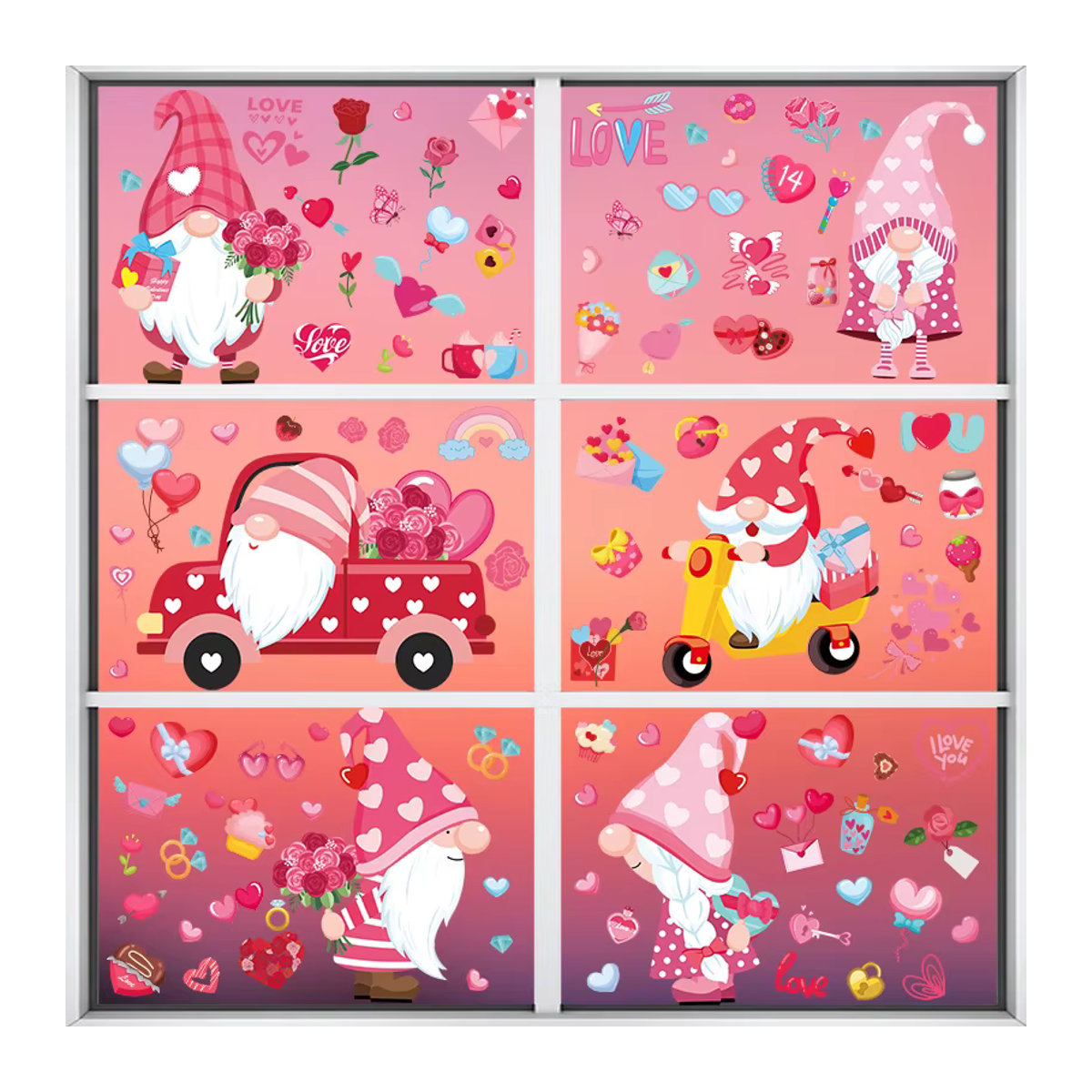 ZQNYCY Fensteraufkleber Set für Valentinstag und Hochzeit mit Cartoon-Zwerg und Herzmotiven, 9 Blatt, mehrfarbig - Bild 3