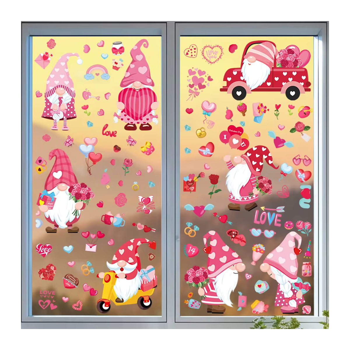 ZQNYCY Fensteraufkleber Set für Valentinstag und Hochzeit mit Cartoon-Zwerg und Herzmotiven, 9 Blatt, mehrfarbig - Bild 4