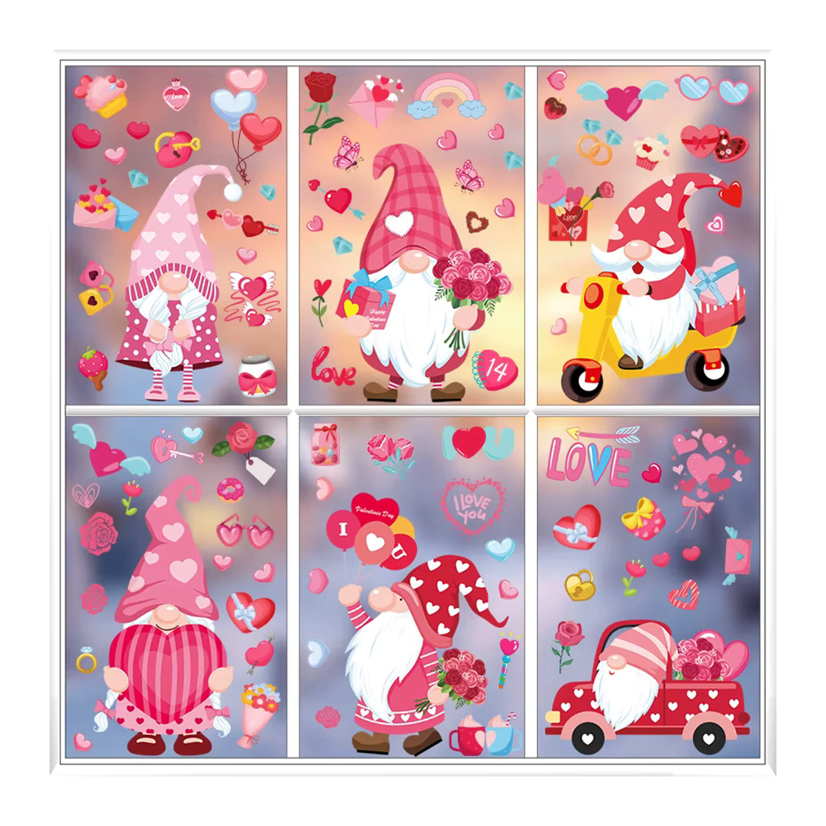 ZQNYCY Fensteraufkleber Set für Valentinstag und Hochzeit mit Cartoon-Zwerg und Herzmotiven, 9 Blatt, mehrfarbig - Bild 5