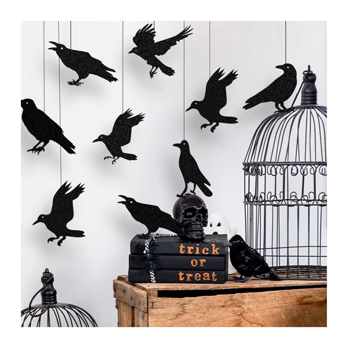 ZQNYCY Halloween Girlande mit schwarzen Krähen und Vogelkäfig-Ornamenten aus Papier zur Dekoration - Bild 2