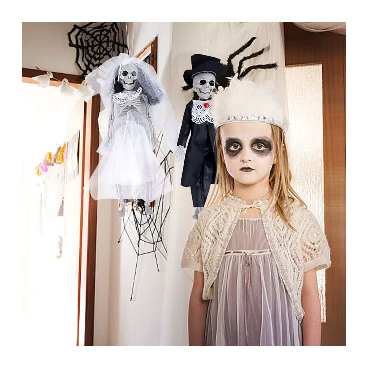 ZQNYCY Halloween Skelett Braut und Bräutigam Paar Ornament als hängende Dekoration in Schwarz und Weiß aus Kunststoff - Bild 5